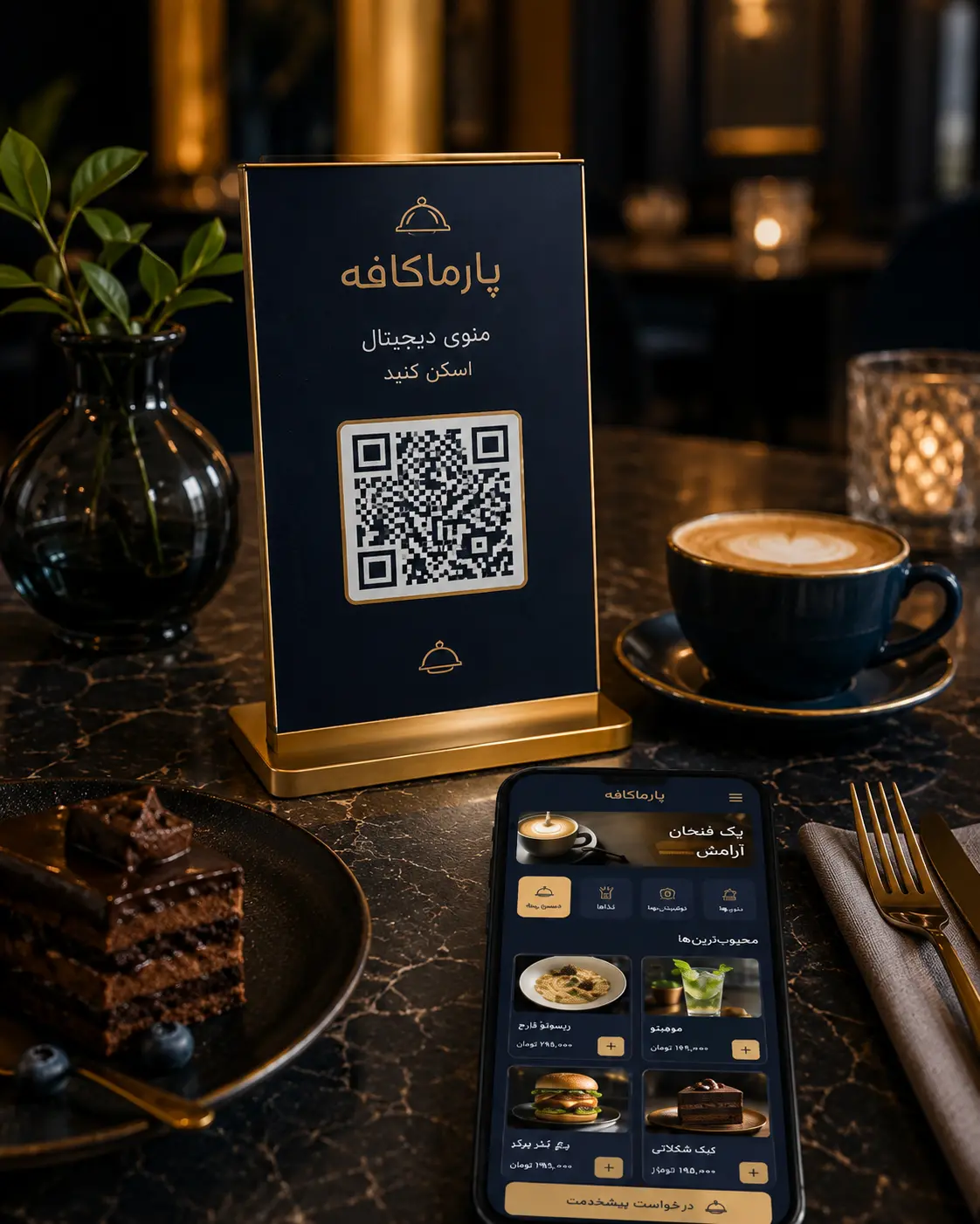 استند QR منوی دیجیتال پارما روی میز کافه