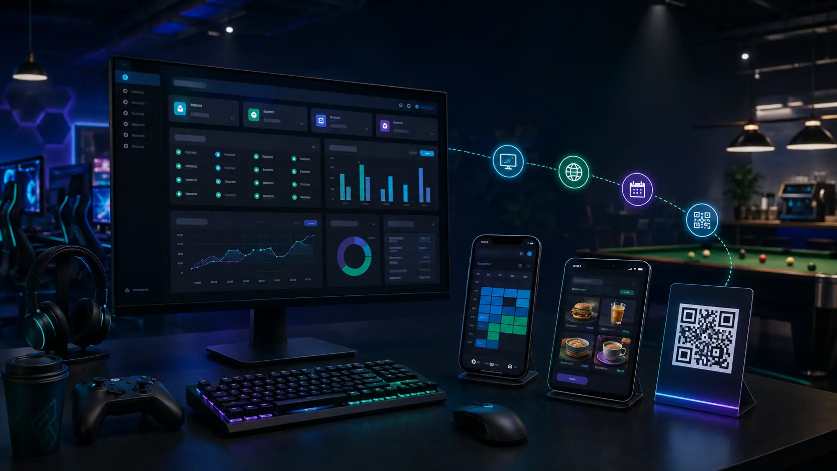 اکوسیستم CafeGameManager شامل نرم افزار ویندوز، سایت کافه گیم، رزرو اینترنتی و منوی دیجیتال QR