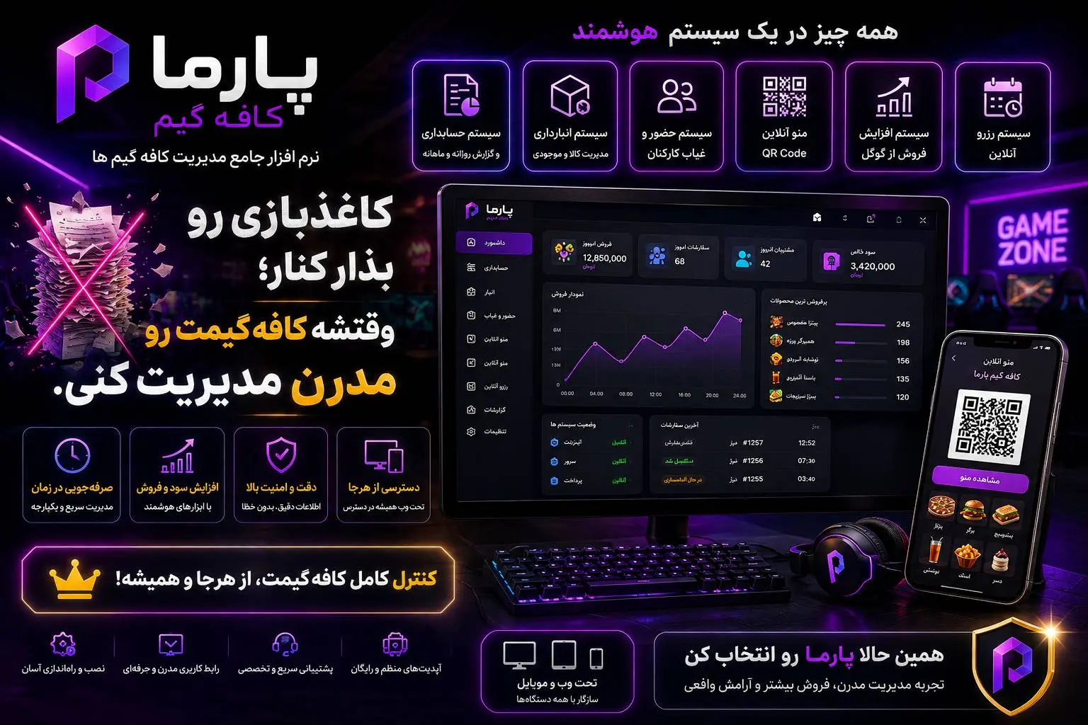 معرفی کامل‌ترین امکانات برنامه مدیریت کافه گیم پارما شامل حسابداری و منوی QR